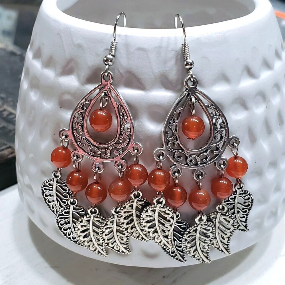 Red Carnelian Gemstone Antique Silver Leaves Chandelier Handcrafted Earrings